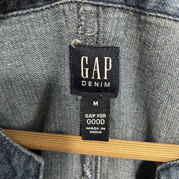 GAP Denim Dress Size M Medium Indigo Blue Lace Front 3/4 Bell Sleeve Pockets - Picture 7 of 10